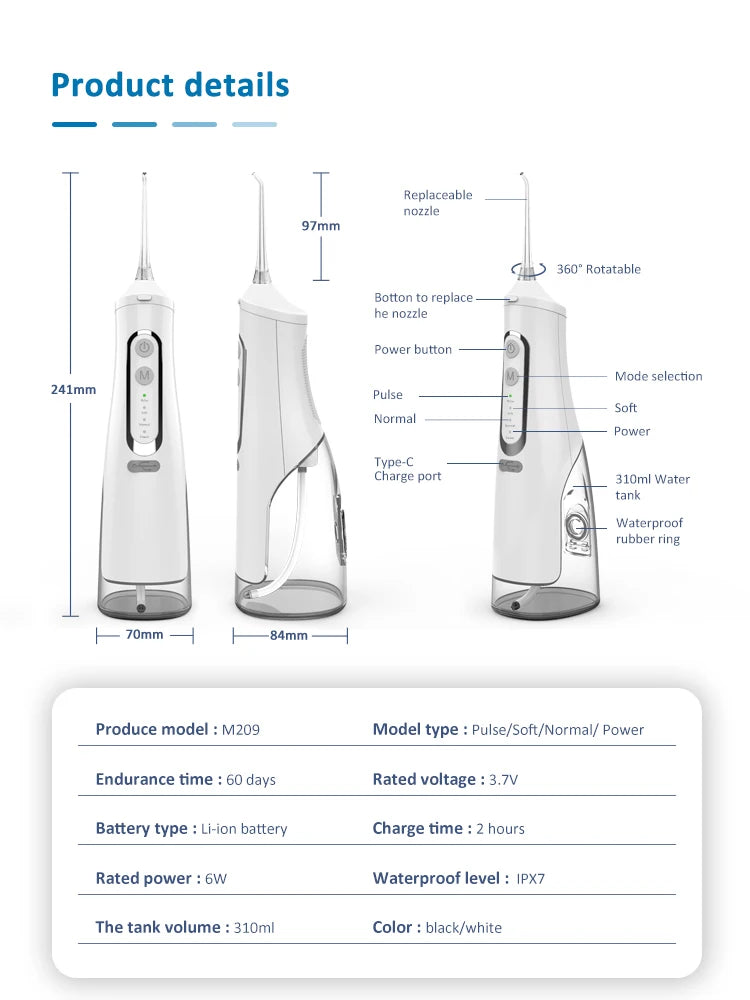 Oral Irrigator USB Rechargeable Water Flosser Portable Dental Water Jet 310ML Water Tank IPX7 Waterproof Teeth Cleaner Travel BeautiMass