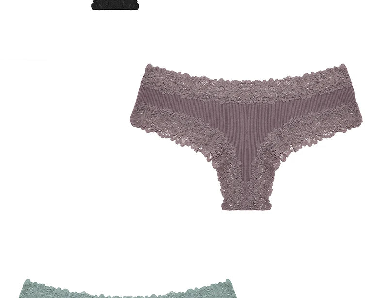 3PCS Lace Seamless Cotton Panties Ribbed Brazilian Low Waist Women Breathable Panties - BeautiMass