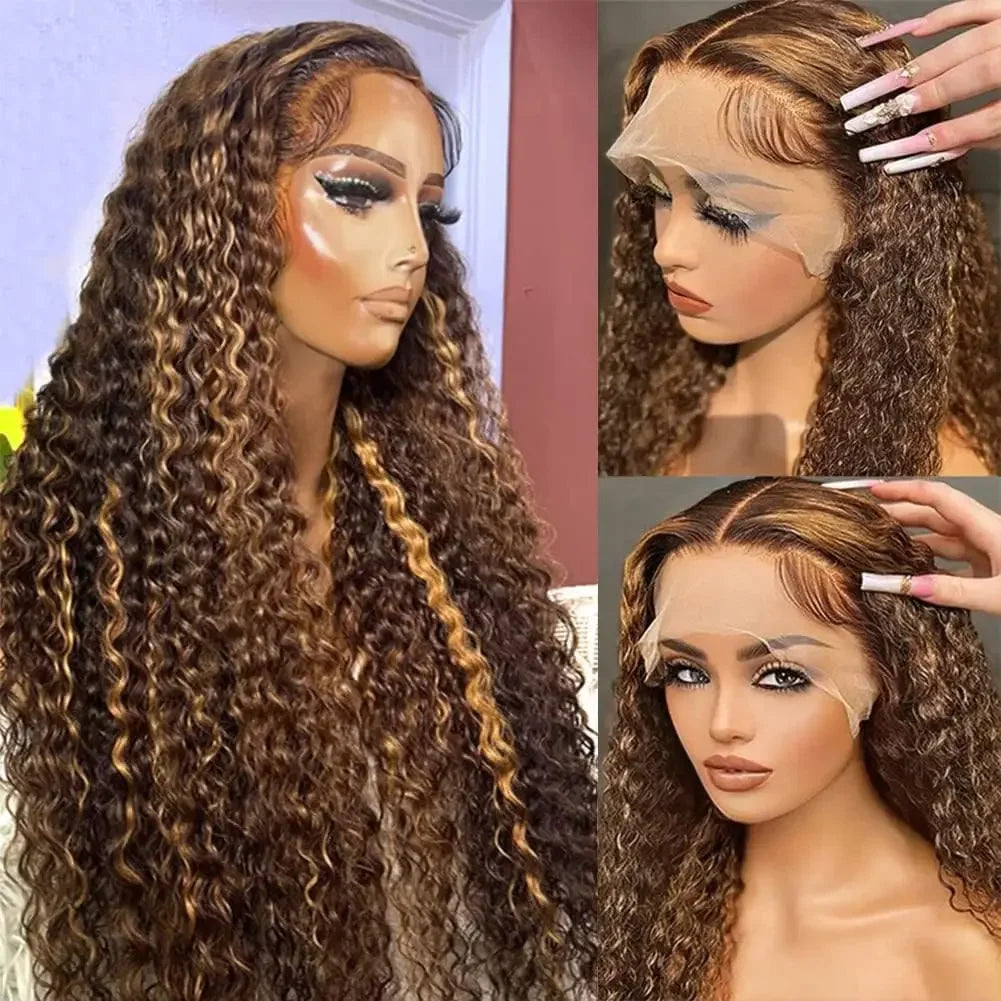 Curly Deep Wave Lace Front Human Hair 13x6 Lace Closure Curly Highlight Ombre Wig - BeautiMass