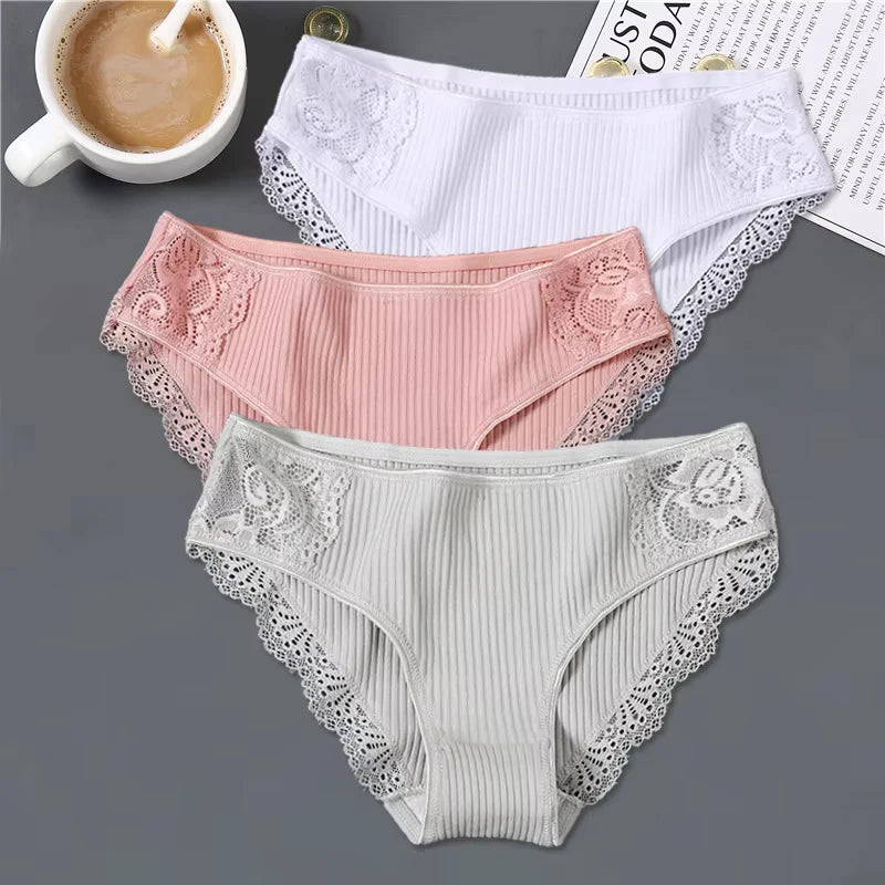 FINETOO 3Pcs/set Women Cotton Low-Rise Underwear Panties Trendy Patchwork Lace Briefs - BeautiMass