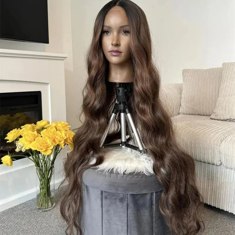 Ombre Chocolate Brown Long Water Wave Lace Front Wig Heat Resistant Fiber Hair Wig Glueless Synthetic Wig 36 Inche Cospaly/Daily BeautiMass