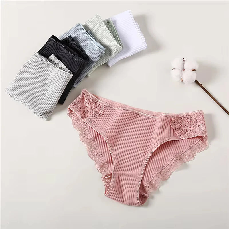 FINETOO 3Pcs/set Women Cotton Low-Rise Underwear Panties Trendy Patchwork Lace Briefs - BeautiMass