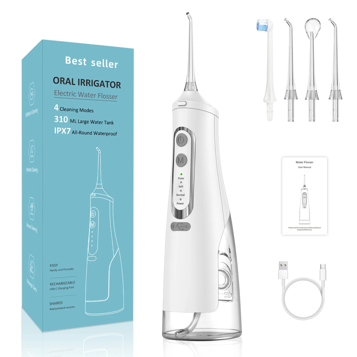 Oral Irrigator USB Rechargeable Water Flosser Portable Dental Water Jet 310ML Water Tank IPX7 Waterproof Teeth Cleaner Travel BeautiMass