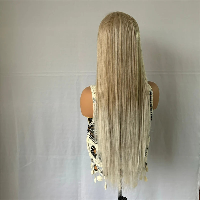 Synthetic Preplucked Ombre Ash Blonde Soft Straight HD Lace Front Wig For Women Hair Heat Resistant Fiber Cosplay Daily BeautiMass