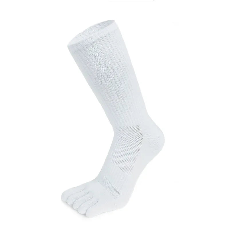 5 Pairs Long Mens Toe Compression Socks Cotton Solid Color Mid-Calf Mesh Breathable - BeautiMass