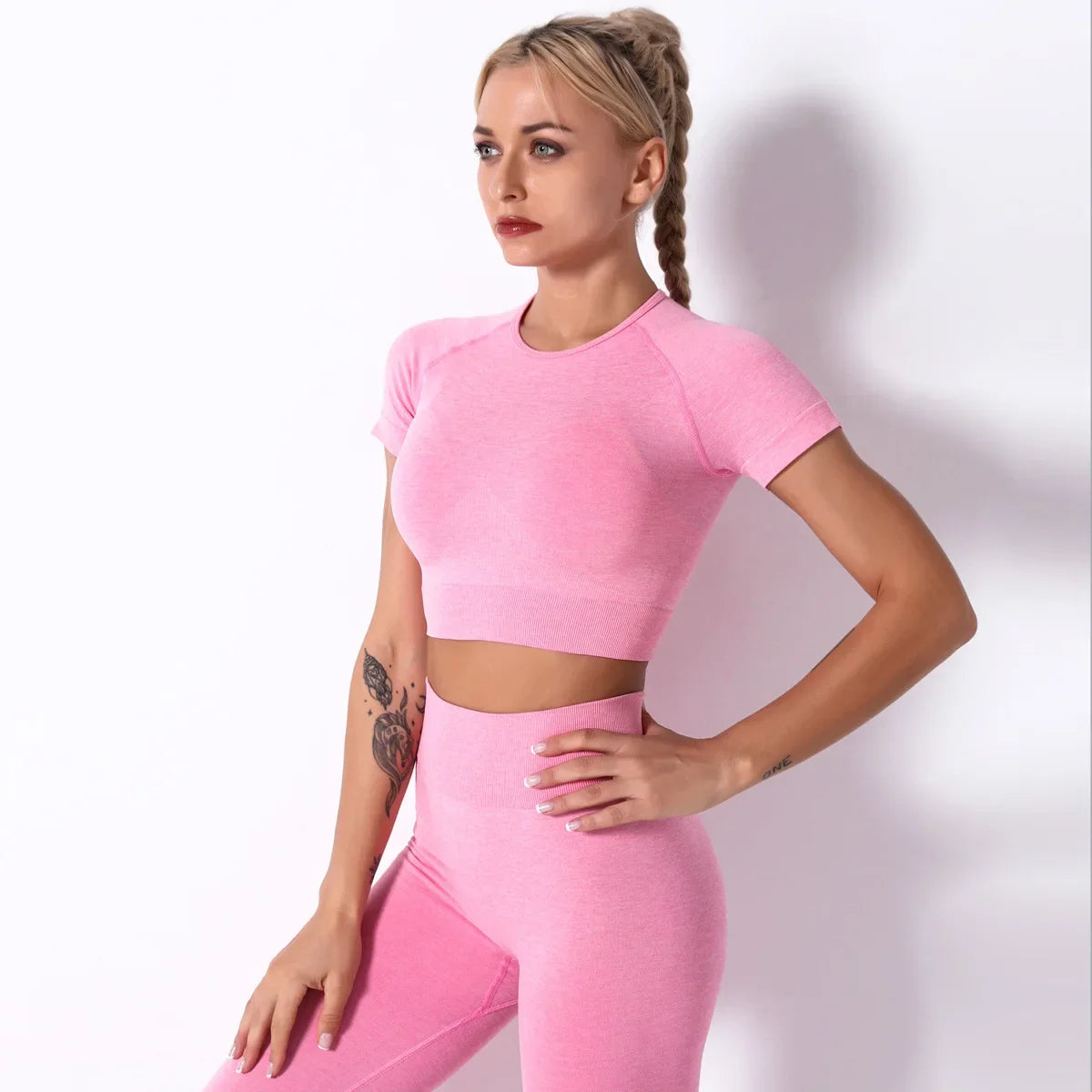 Yoga Sets Gym Women Sport Clothing Short Sleeve Top High Waist Leggings Sports Suit Workout Wear Fitness Suits Sportswear - BeautiMass