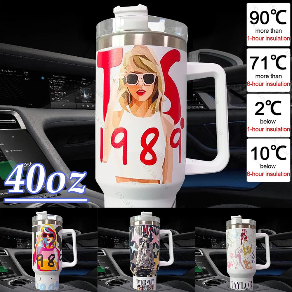 40oz Stainless Steel Singer Printed Tumbler With Lid And Straw Kettle With Handle - BeautiMass