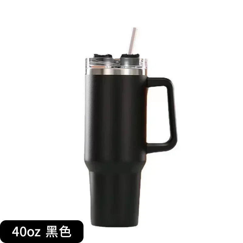 40oz Stainless Steel Water Bottle with Handle Lid Straw Mug Vacuum Thermos Cup - BeautiMass