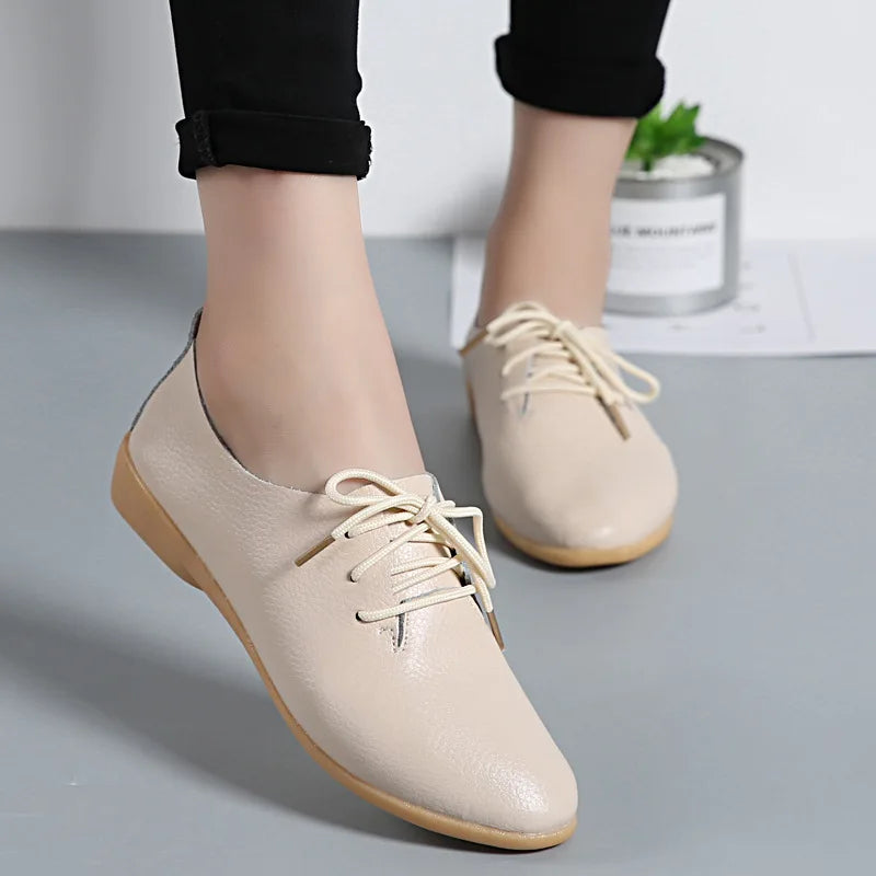 Women Medical Oxford Comfortable Casual Leather Shoes ballet Flats Lace up Soft - BeautiMass