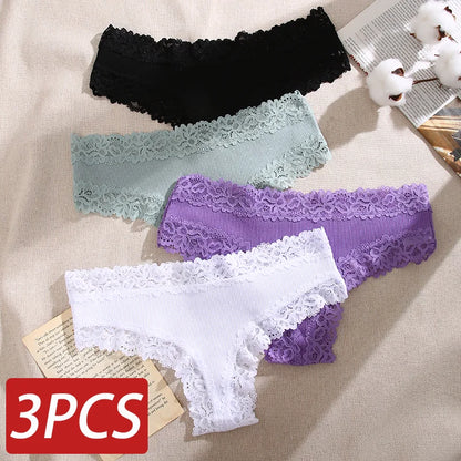 3PCS Lace Seamless Cotton Panties Ribbed Brazilian Low Waist Women Breathable Panties - BeautiMass