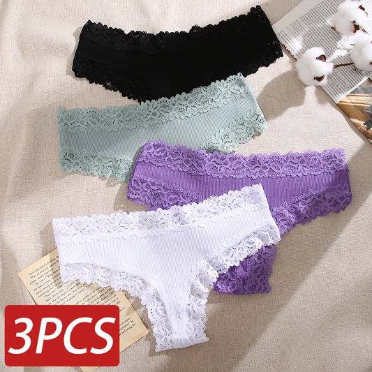 3PCS Lace Seamless Cotton Panties Ribbed Brazilian Pants Low Waist Women Panties Breathable Girls Underwear Plus Size Lingerie - BeautiMass