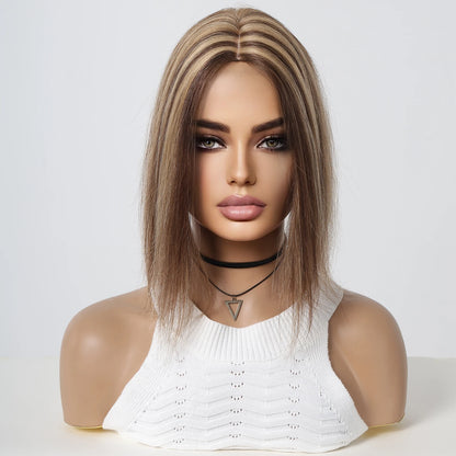 Brown Blonde Remy Human Hair Toppers Silk Base Hairpieces Clips in 12 inches Extensions - BeautiMass