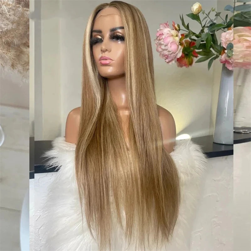 Ombre Glueless Honey Blonde Wig Human Hair Brown Highlight Wig Straight Wig 13x4 HD Lace Front Human Hair Wigs For Women BeautiMass