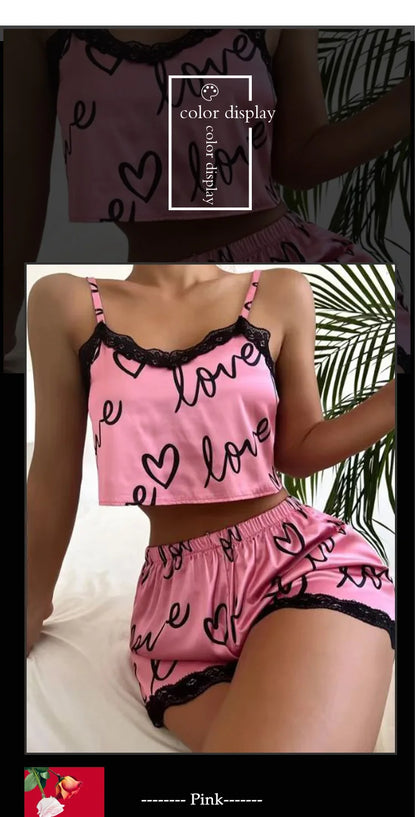 2 Pieces Set Shorts Suit Homewear Print Underwear Pijama Sexy Ladies Sleepwear - BeautiMass