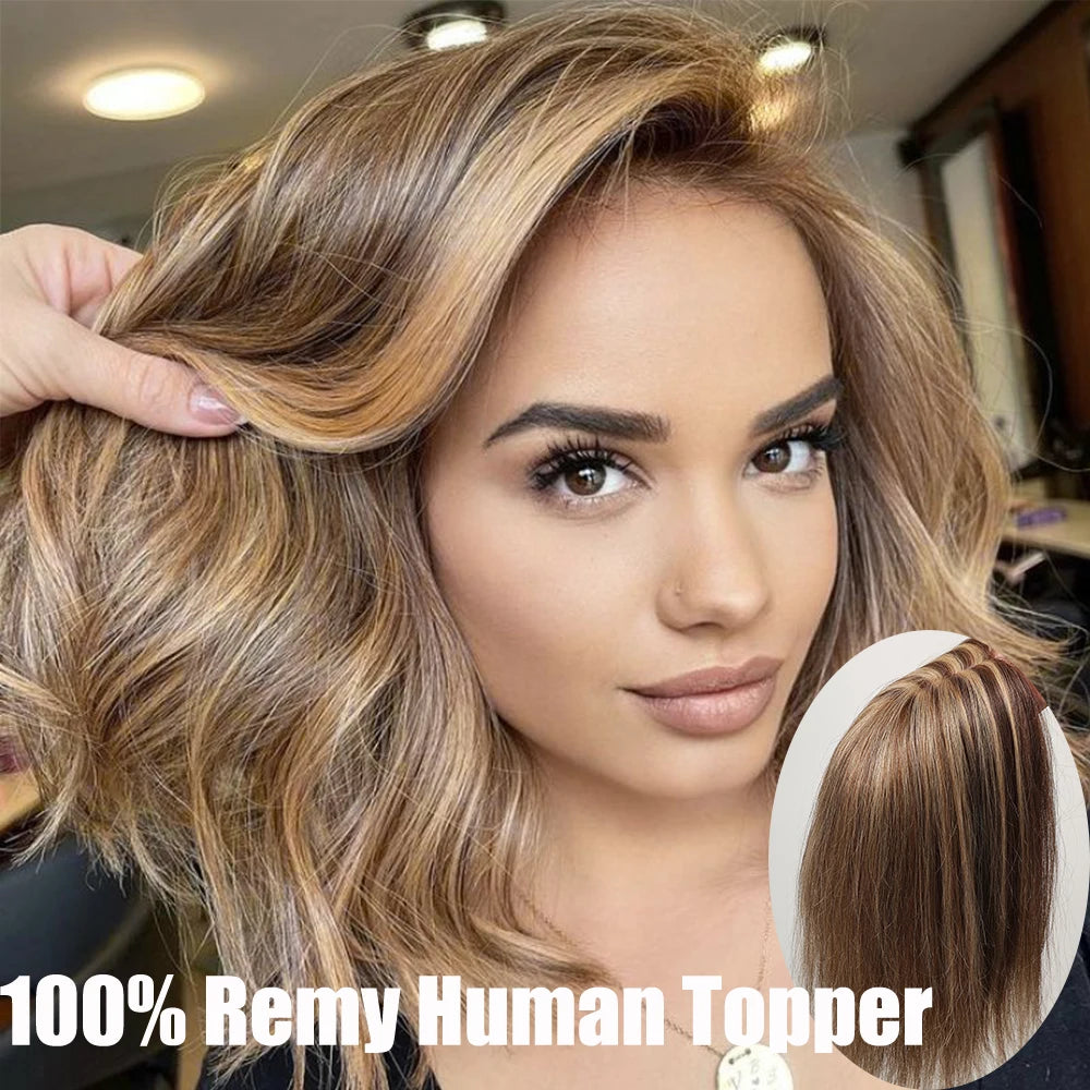 Brown Blonde Remy Human Hair Toppers Silk Base Hairpieces Clips in 12 inches Extensions - BeautiMass