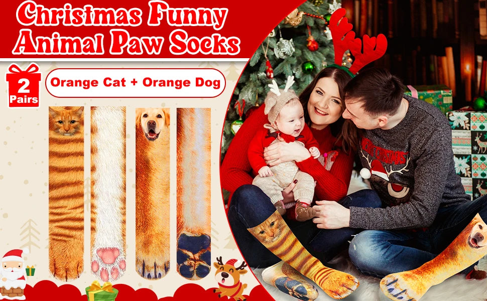 2 Pair Cat Dog Funny Animal Paw Socks Crazy Novelty,Claw Socks Christmas Stocking Stuffers 3D Newest Cat Dog Orange Paw Socks BeautiMass