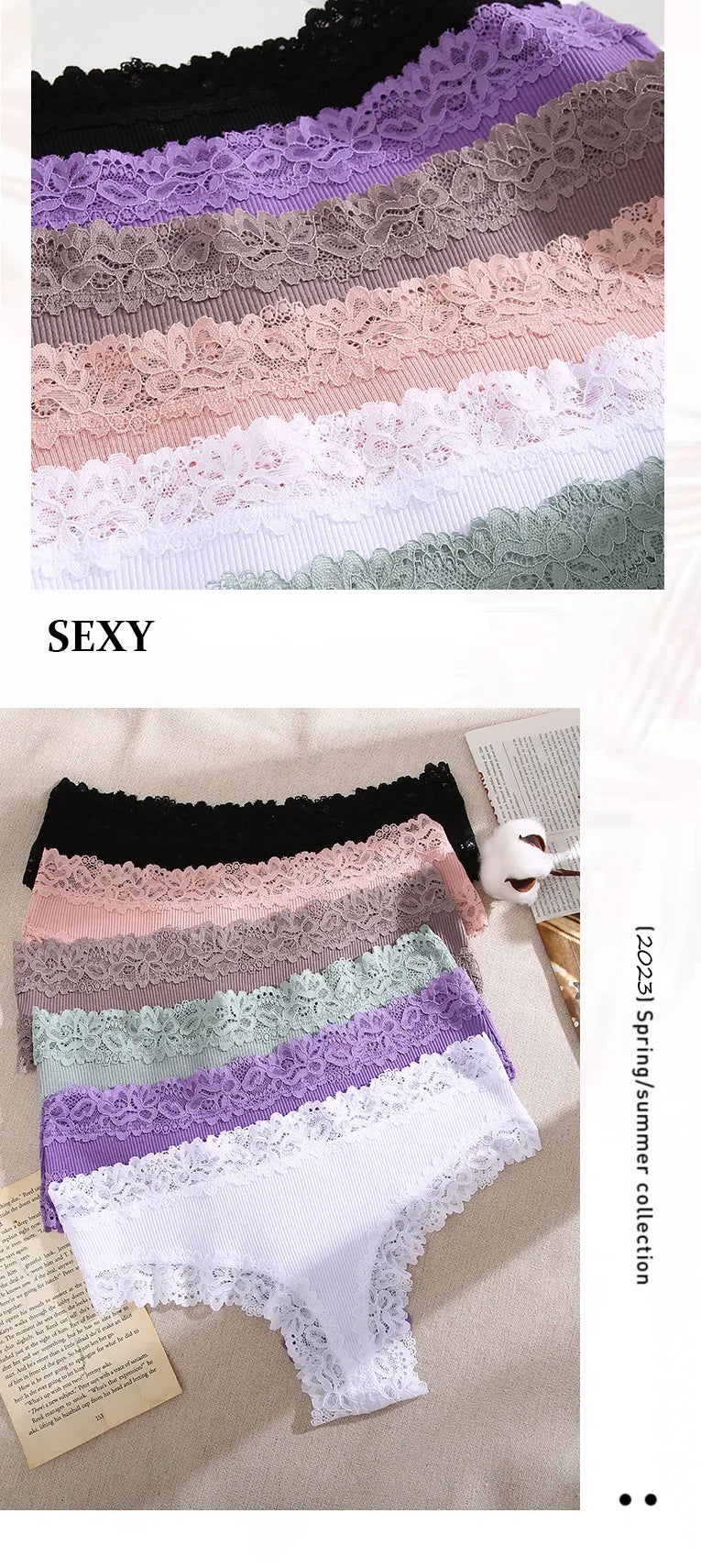 3PCS Lace Seamless Cotton Panties Ribbed Brazilian Low Waist Women Breathable Panties - BeautiMass