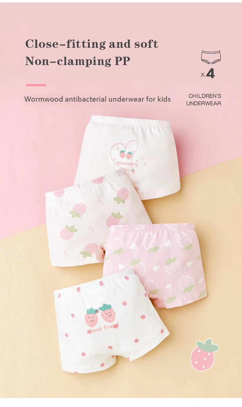 4 Pcs/Lot Kids Panties Cartoon Chirdren'S Underwear Briefs Floral Grid Cotton Underpants - BeautiMass