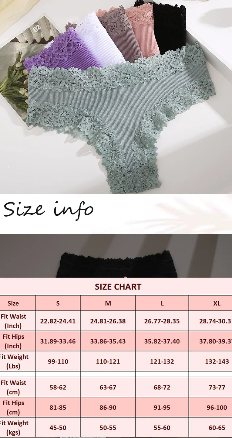 3PCS Lace Seamless Cotton Panties Ribbed Brazilian Low Waist Women Breathable Panties - BeautiMass