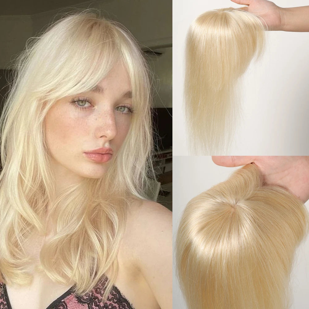 Brown Blonde Remy Human Hair Toppers Silk Base Hairpieces Clips in 12 inches Extensions - BeautiMass