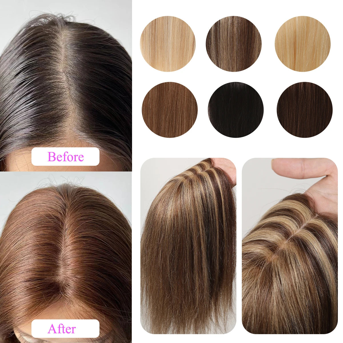 Brown Blonde Remy Human Hair Toppers Silk Base Hairpieces Clips in 12 inches Extensions - BeautiMass