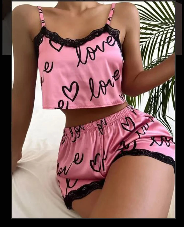 2 Pieces Set Shorts Suit Homewear Print Underwear Pijama Sexy Ladies Sleepwear - BeautiMass