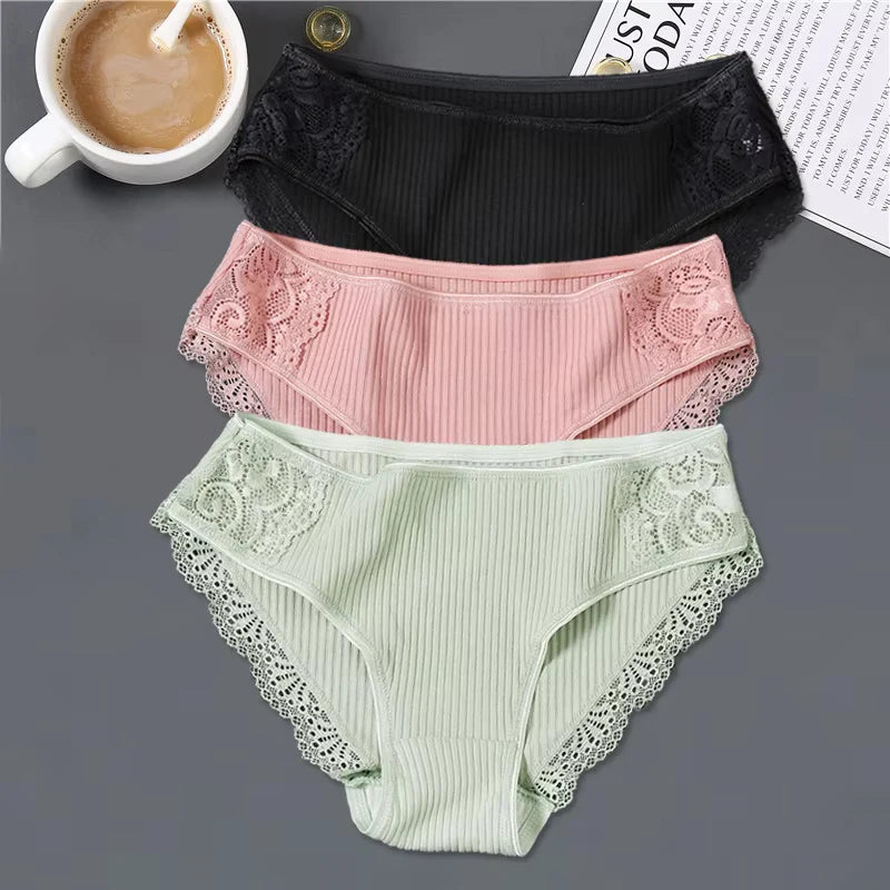 FINETOO 3Pcs/set Women Cotton Low-Rise Underwear Panties Trendy Patchwork Lace Briefs - BeautiMass