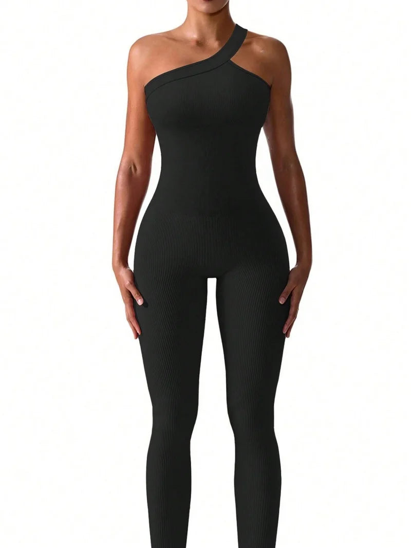 Women Yoga Jumpsuits Workout Ribbed One Shoulder One Piece Sport Jumpsuits - BeautiMass