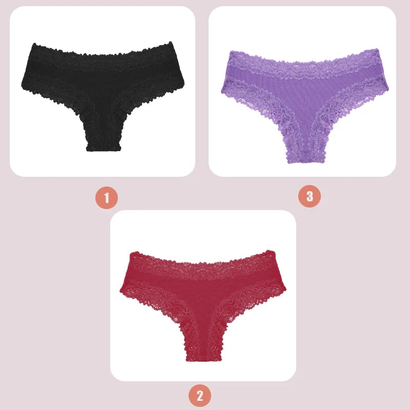 3PCS Lace Seamless Cotton Panties Ribbed Brazilian Low Waist Women Breathable Panties - BeautiMass