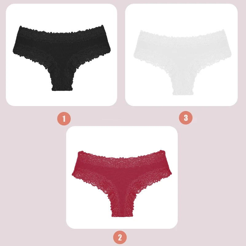 3PCS Lace Seamless Cotton Panties Ribbed Brazilian Low Waist Women Breathable Panties - BeautiMass