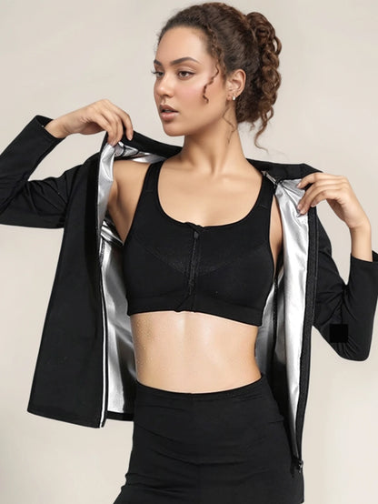 Women Sauna Suit Set Fitness Exercise Long Sleeve T-Shirt Crew Neck and Leggings Suit - BeautiMass