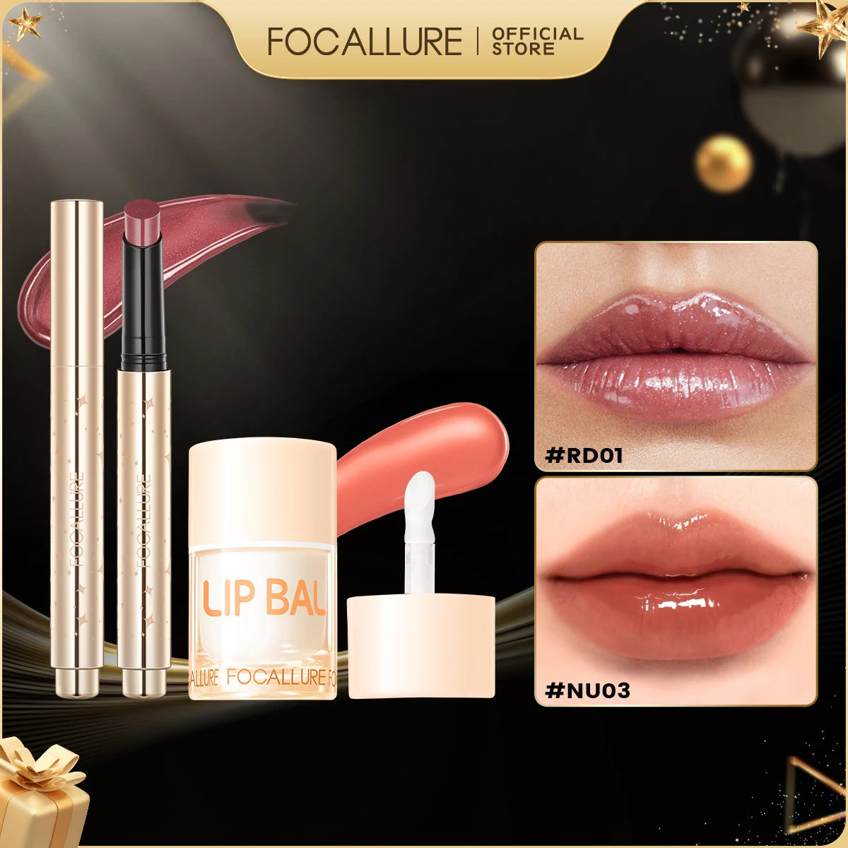 FOCALLURE 2 Pcs Lips Makeup Set Pearlescent Lipstick Pen Non-Sticky Mirror Lip Glosses Moisturizing Lip Balm Lipstick Cosmetics BeautiMass