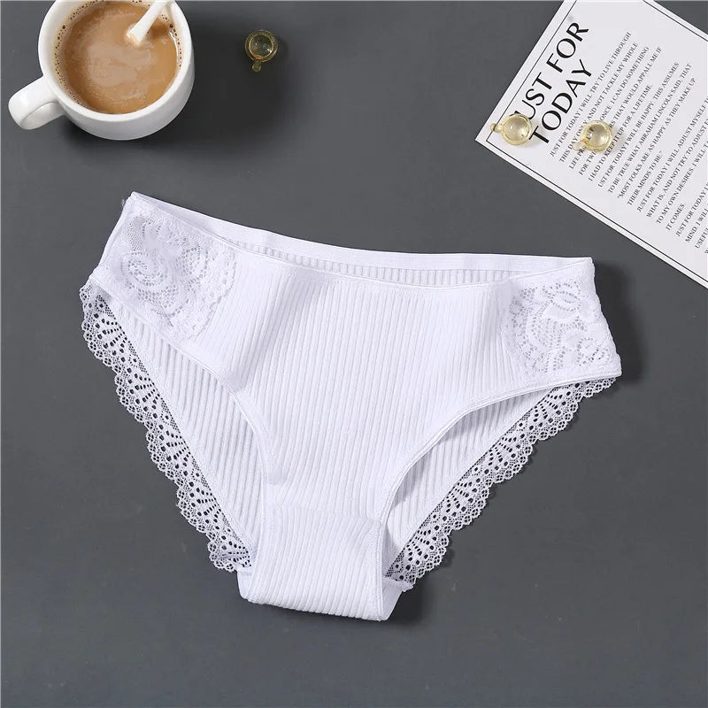 FINETOO 3Pcs/set Women Cotton Low-Rise Underwear Panties Trendy Patchwork Lace Briefs - BeautiMass