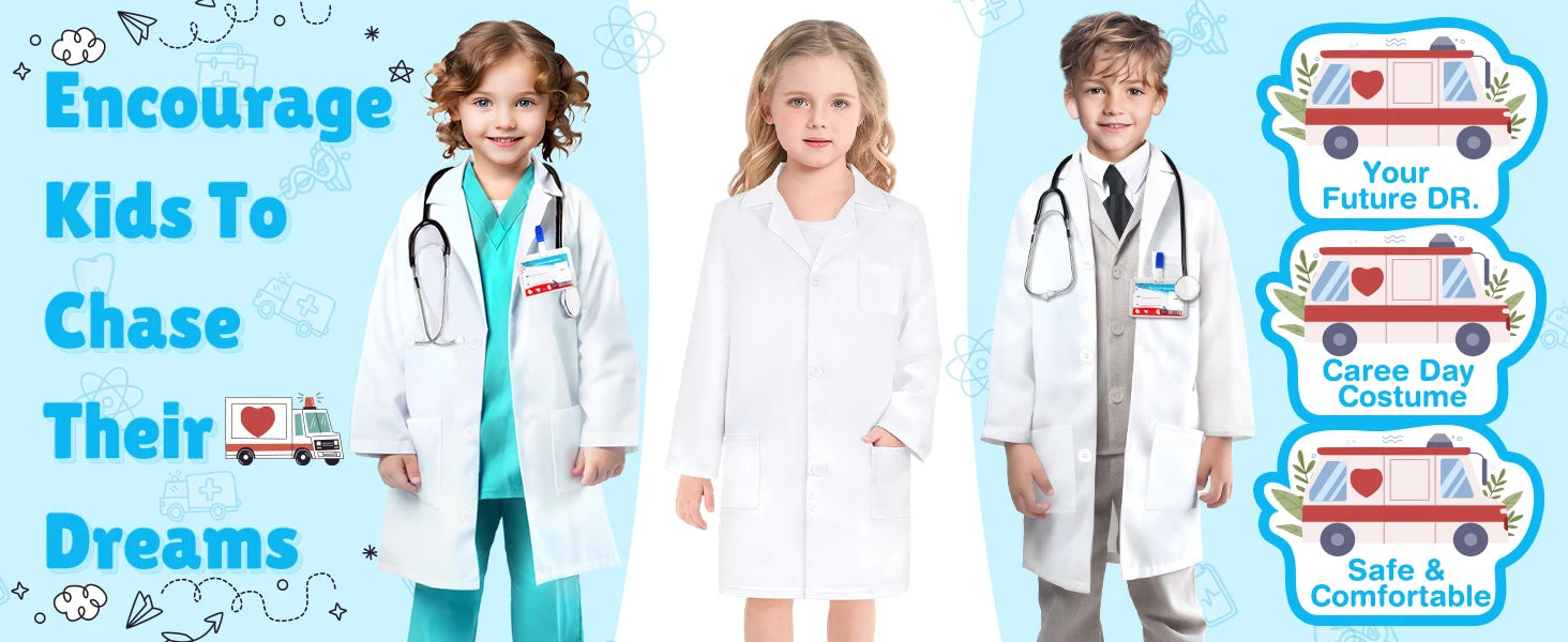 1-12PCS Unisex Child School Lab Coat Scrubs White Doctor Scientist Costume - BeautiMass