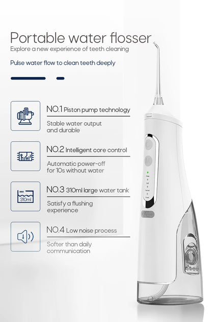 Oral Irrigator USB Rechargeable Water Flosser Portable Dental Water Jet 310ML Water Tank IPX7 Waterproof Teeth Cleaner Travel BeautiMass