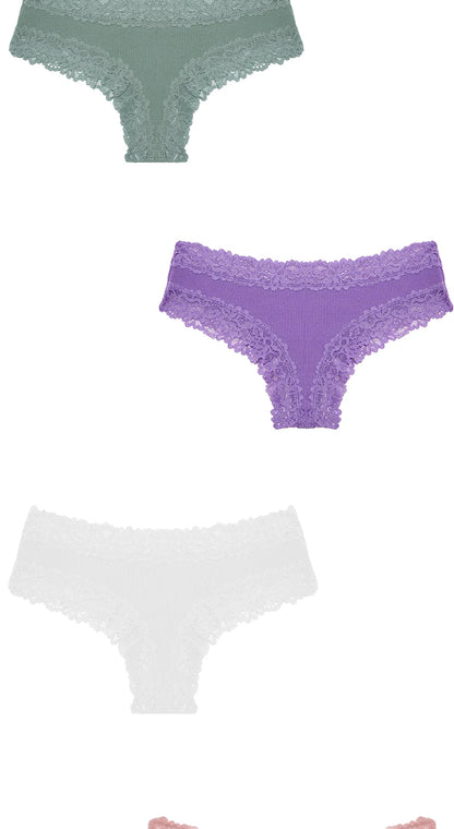 3PCS Lace Seamless Cotton Panties Ribbed Brazilian Low Waist Women Breathable Panties - BeautiMass