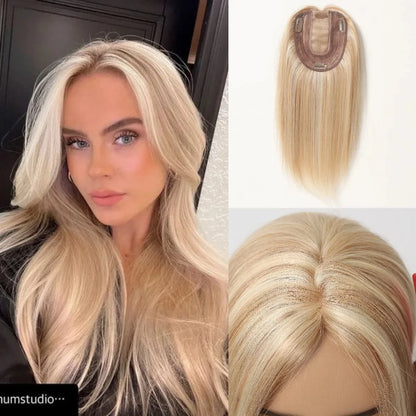 Brown Blonde Remy Human Hair Toppers Silk Base Hairpieces Clips in 12 inches Extensions - BeautiMass