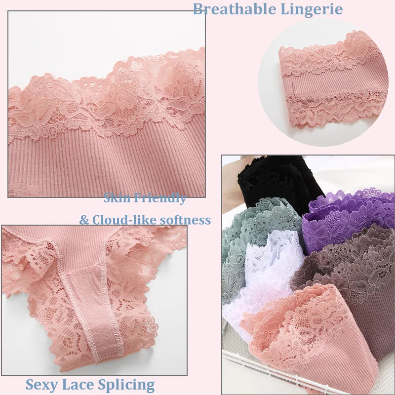 3PCS Lace Seamless Cotton Panties Ribbed Brazilian Low Waist Women Breathable Panties - BeautiMass