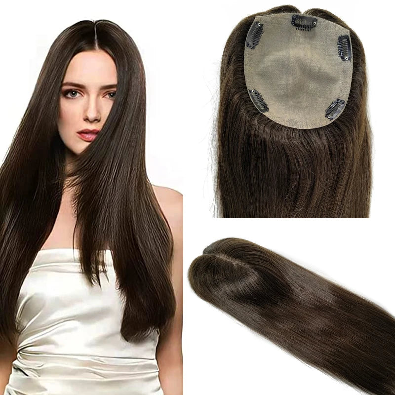 Human Hair Topper With Clip Hair Extensions For Women Silk Base Russian Hair Wigs 12"-20" - BeautiMass