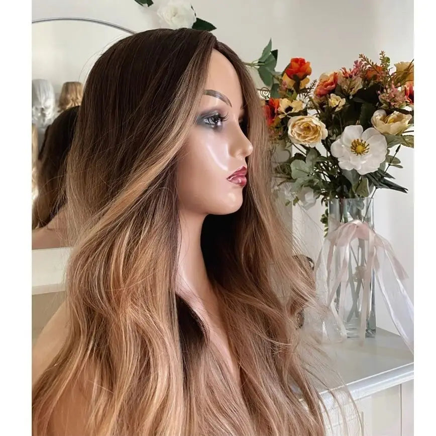 Ombre Honey Blonde Brown Loose Wave Wig Synthetic Lace Front Wig Heat Resistant Fiber Hair Wigs Preplucked Hairline Glueless Wig BeautiMass