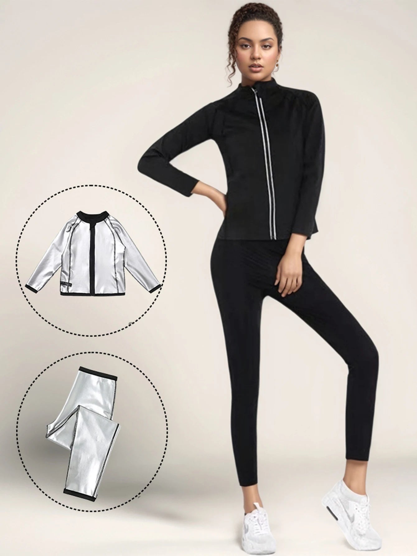 Women Sauna Suit Set Fitness Exercise Long Sleeve T-Shirt Crew Neck and Leggings Suit - BeautiMass