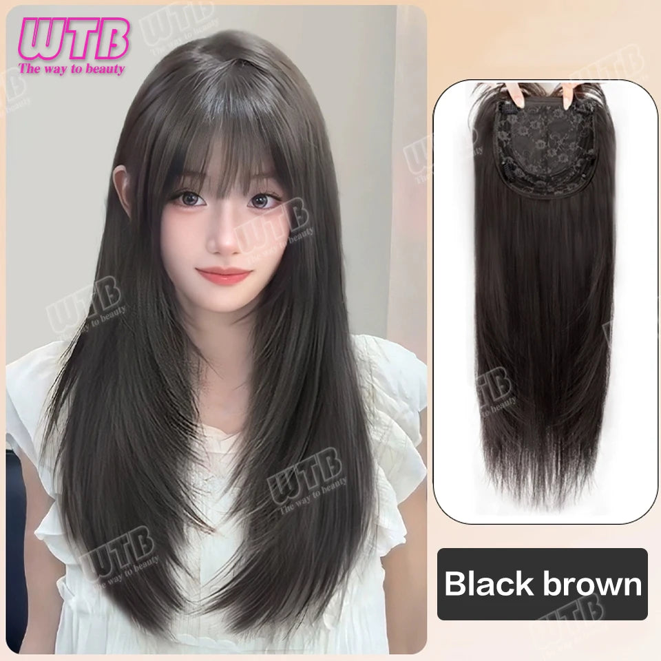 WTB Synthetic Wig Middle Part  Topper Hairpiece with Bangs Clip-In Bangs Extension Natural Invisible Clourse Hairpiece for Women BeautiMass