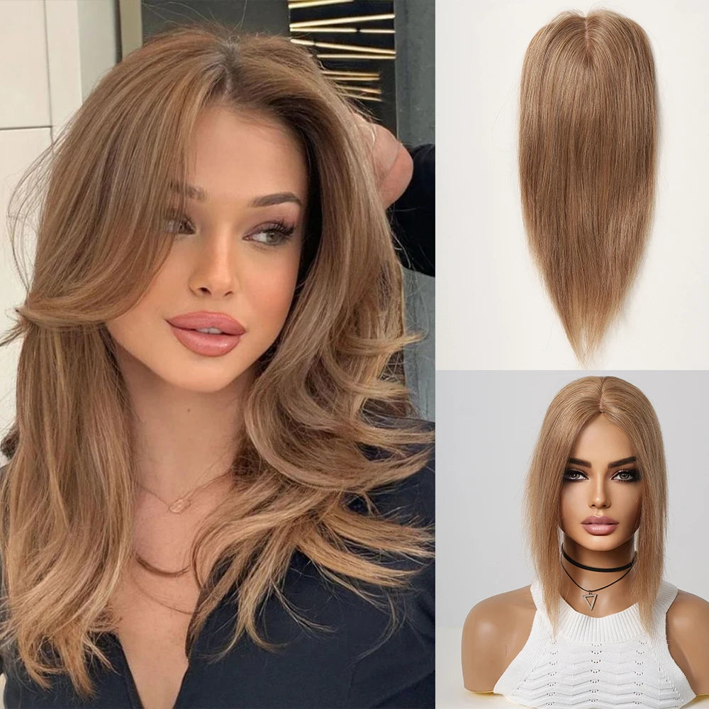 Brown Blonde Remy Human Hair Toppers Silk Base Hairpieces Clips in 12 inches Extensions - BeautiMass