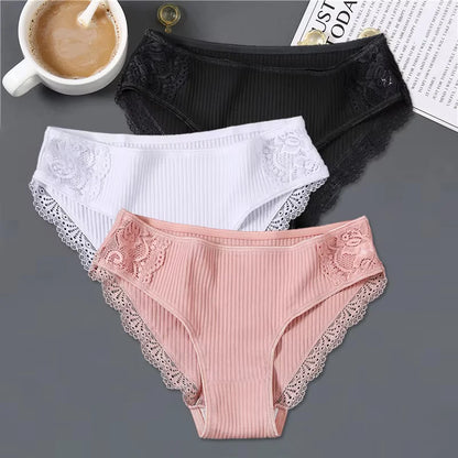 FINETOO 3Pcs/set Women Cotton Low-Rise Underwear Panties Trendy Patchwork Lace Briefs - BeautiMass