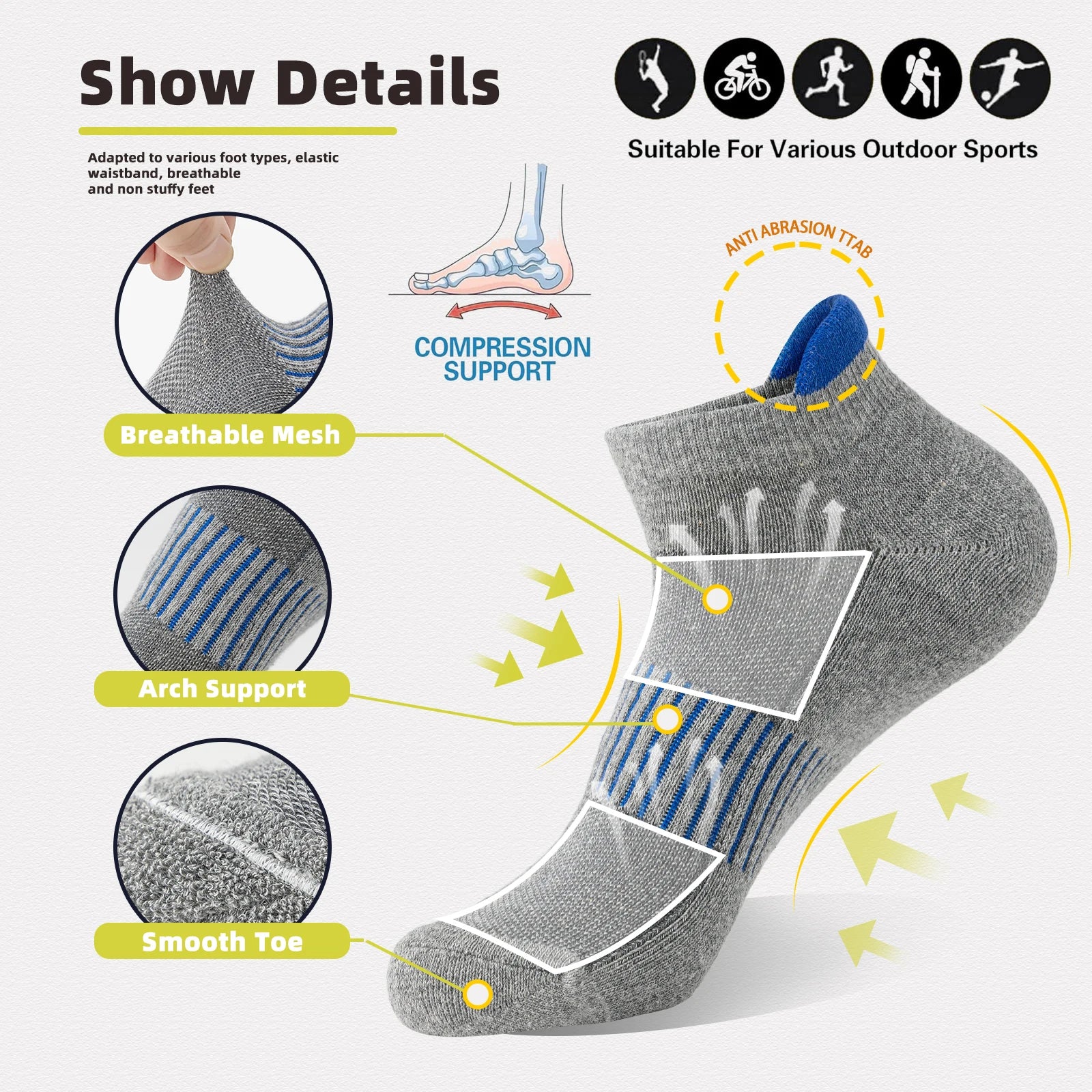 6 Pairs Sweat Absorbing Ankle Hiking Running Socks Compression Support For Men And Women - BeautiMass