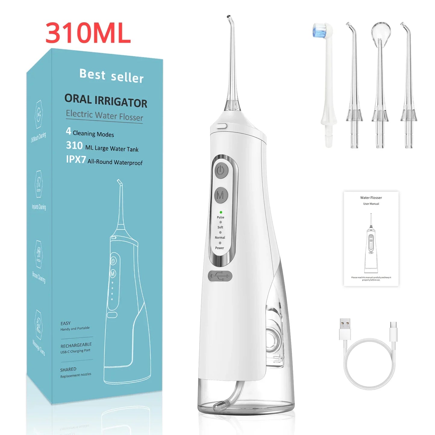 Oral Irrigator USB Rechargeable Water Flosser Portable Dental Water Jet 310ML Water Tank IPX7 Waterproof Teeth Cleaner Travel BeautiMass