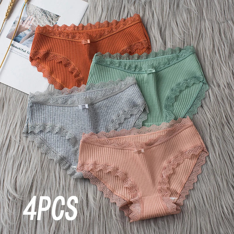 4 Pcs Lace Wavy Trim Bikini Panties, Comfy & Breathable Elastic Intimates Panties - BeautiMass