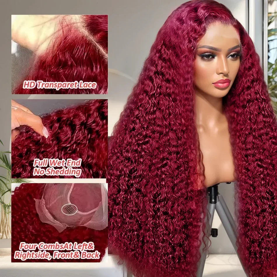 99J Deep Wave Burgundy Curly Brazilian Red Hair Transparent Lace Front Human Remy Hair - BeautiMass