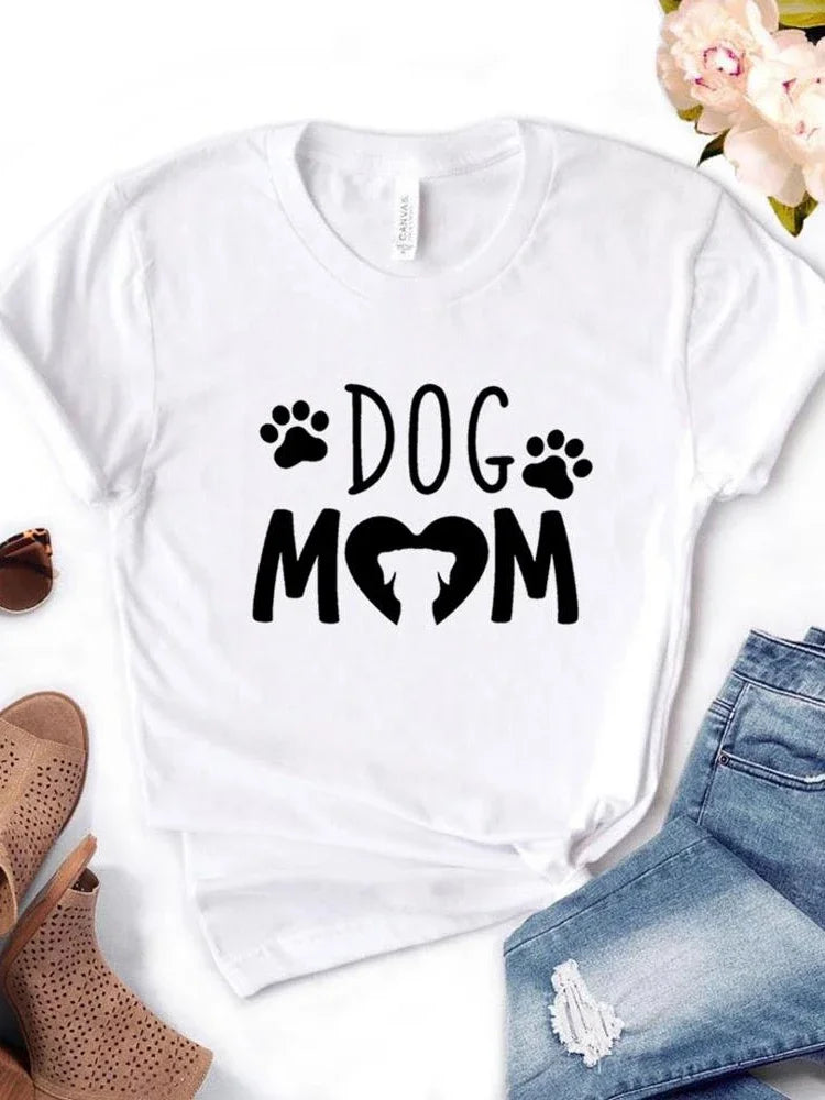 Women T Shirt Dog Mom PAW Print Short Sleeve O Neck Loose T-shirt - BeautiMass