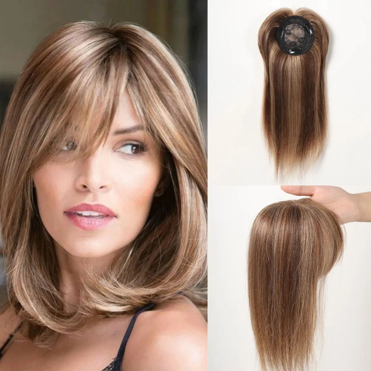 Brown Blonde Remy Human Hair Toppers Silk Base Hairpieces Clips in 12 inches Extensions - BeautiMass